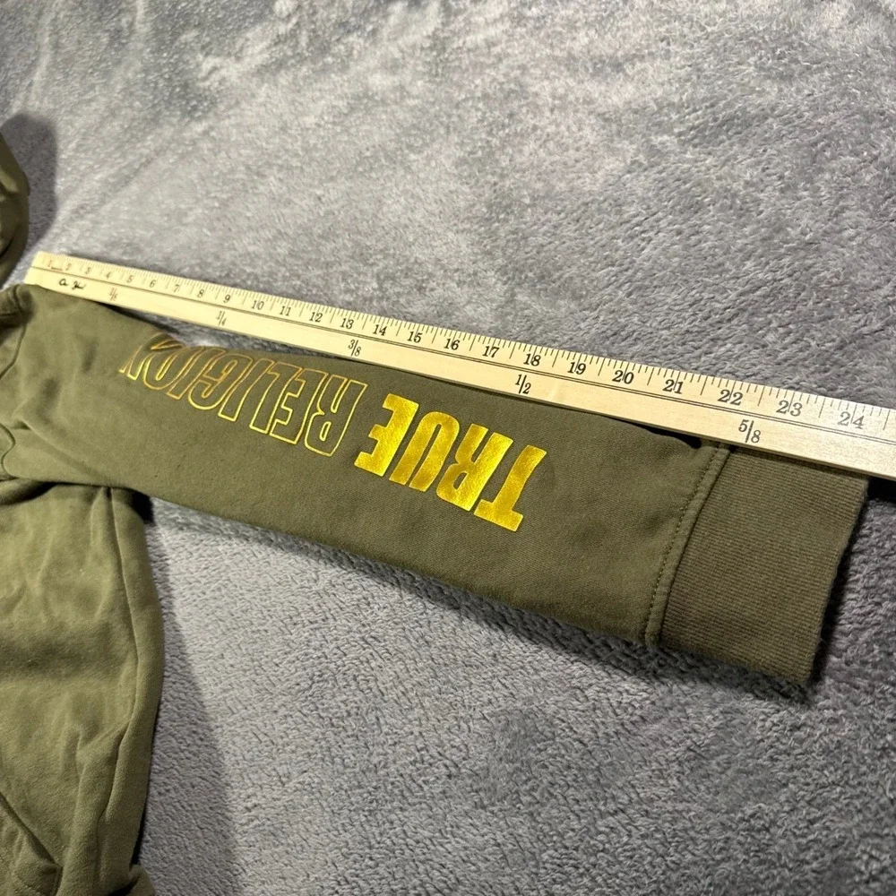 True Religion Mens Olive Green Full Zip Hoodie Gold Logo Sleeve Graphic XL